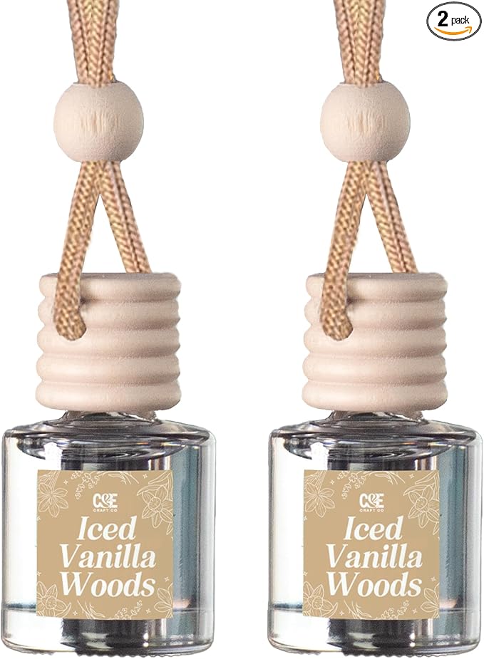 C&E Craft Co Hanging Car Air Freshener Diffuser 2 Pack, Long Lasting Fragrance Oil Car Freshener, Glass Bottle Auto Air Freshener, Made in USA (Iced Vanilla Woods)