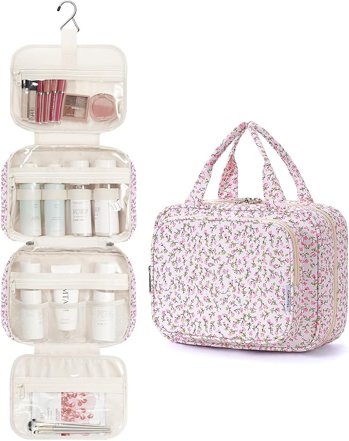 Hanging Toiletry Bag for Women Travel Makeup Bag Organizer Toiletries Bag for Travel Size Essentials Accessories Cosmetics (Pink Flower (Medium))