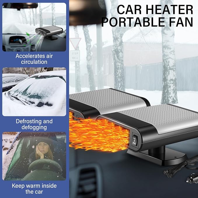 2 Pcs 12V 150W Portable Car Heater Defroster 2 in 1 Modes Automobile Windscreen Fan Heating and Cooling Windshield Fan Defroster Demister with Plug into Cigarette Lighter (Grey)