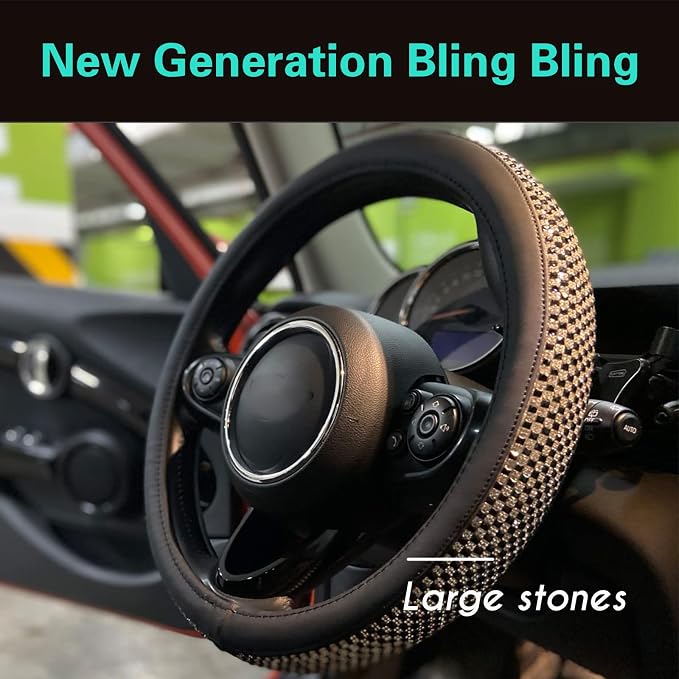 Large Size Bling Comfy Steering Wheel Cover with Jumbo Crystal Rhinestones, Anti-Slip Diamond Leather, 15.5-15.75 Inch (Black)