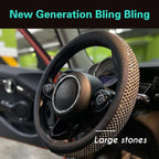 Large Size Bling Comfy Steering Wheel Cover with Jumbo Crystal Rhinestones, Anti-Slip Diamond Leather, 15.5-15.75 Inch (Black)