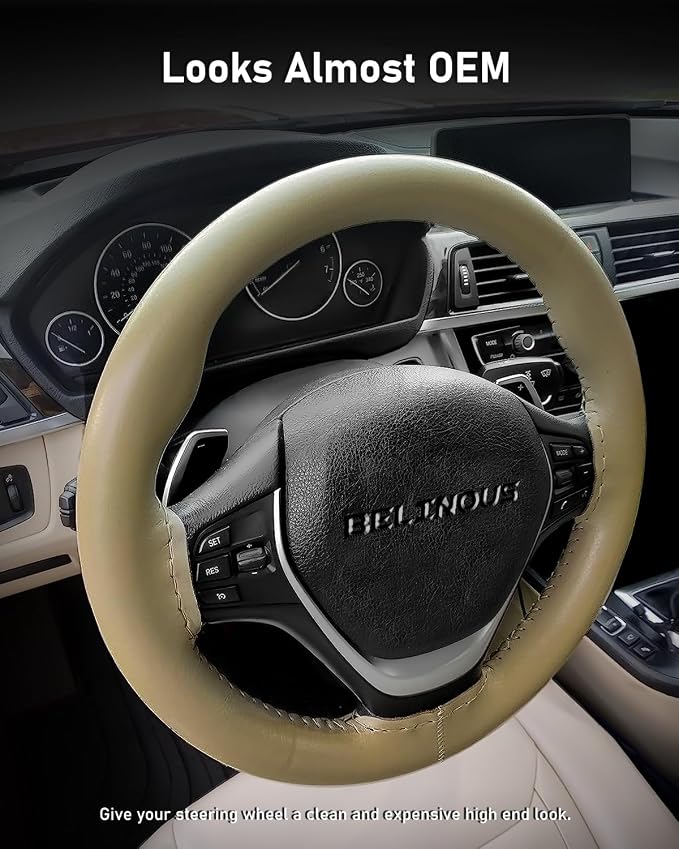 Leather Steering Wheel Cover Lace Up, Stitch on Steering Wheel Wrap, Universal Fit 13-20 Inch Car Truck Pickup Boat, A Whole Piece of Cowhide, DIY w/Needle Thread (Size L0, Beige)