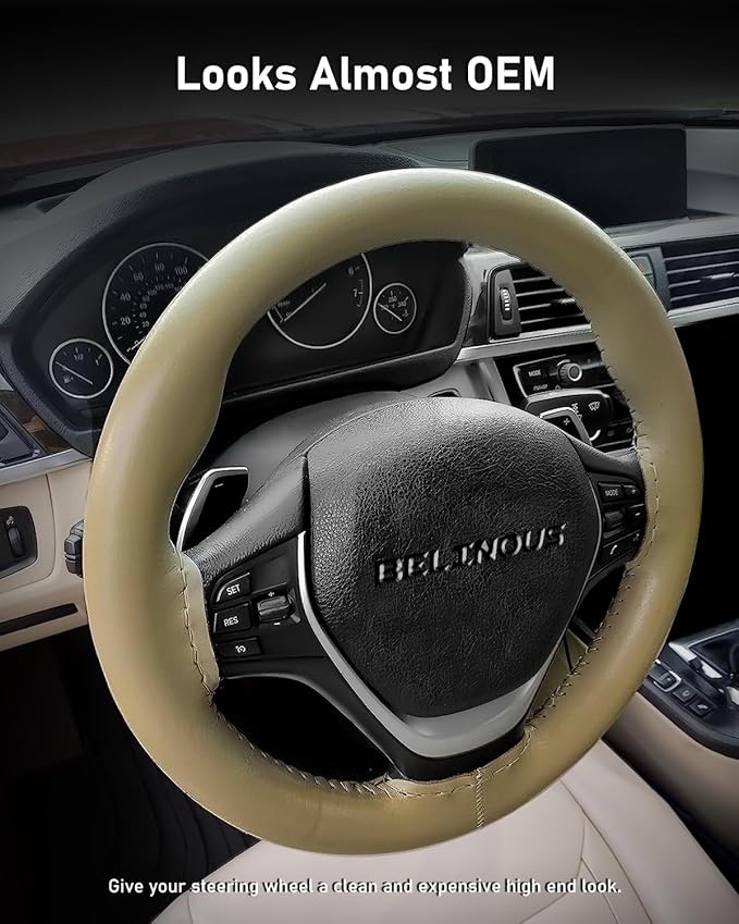 Leather Steering Wheel Cover Lace Up, Stitch on Steering Wheel Wrap, Universal Fit 13-20 Inch Car Truck Pickup Boat, A Whole Piece of Cowhide, DIY w/Needle Thread (Size M5, Beige)