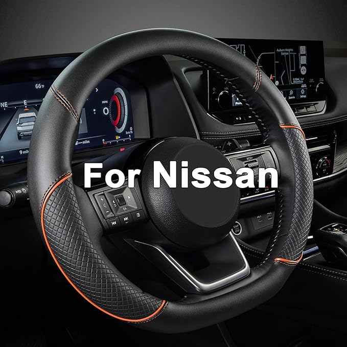 D Shape Steering Wheel Cover for Nissan Rogue Kicks - Auto Car Steering Wheel Cover Customized for Nissan Altima Sentra(Black+Orange Line-D-Shaped)
