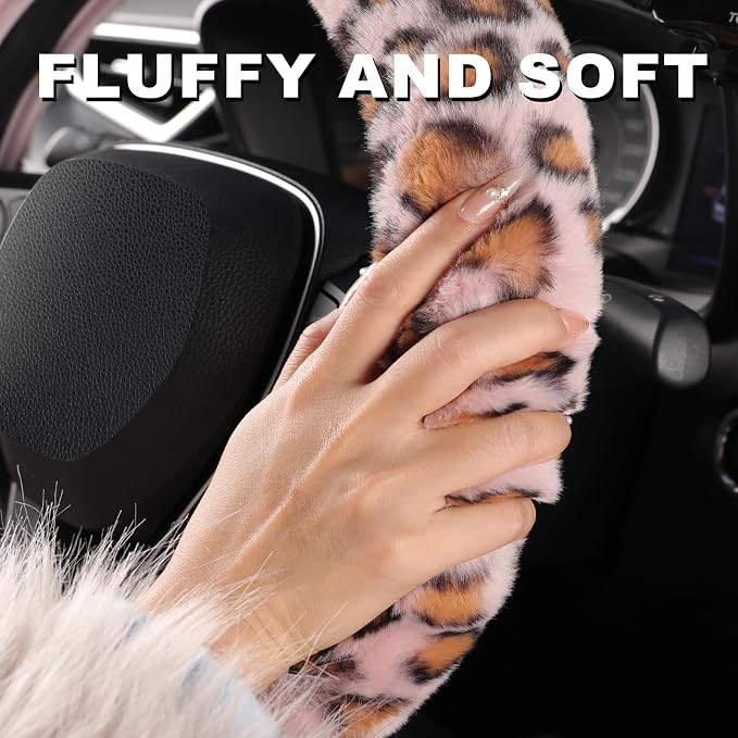 Furry Car Steering Wheel Cover with Gear Shift Cover, Soft and Warm, Cute Fluffy Auto Decor for Women Men, Standard Size, 2 PCS Set, Pink Leopard