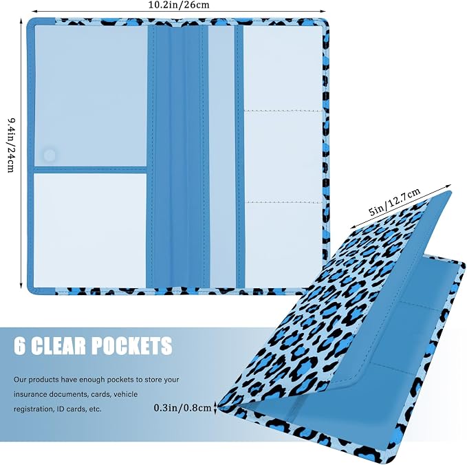 Car Registration and Insurance Holder, with Magnetic Closure for License, Cards and Documents, All Vehicle Needs and Car Accessories (Leopard-Blue)