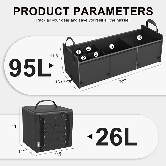 Bold Color Block Trunk Organizer | 95L, 35"x13.8"x11.8" | Dedicated Shoe Storage & 26L Ice Pack | Foldable for SUV/Car/Jeep | Stylish Gift & Essential Car Accessories for Drivers - Black-X212