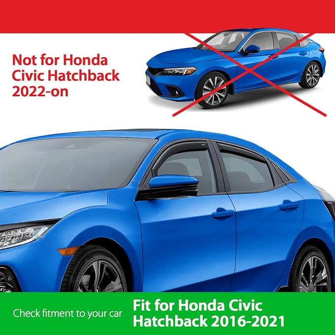 Goodyear Shatterproof in-Channel Window Deflectors for Honda Civic 2016-2021 Hatchback, Rain Guards, Window Visors for Cars, Vent Deflector, Car Accessories, 4 pcs - GY008119