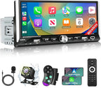 Single Din Radio Car Stereo with Wireless Apple Carplay & Android Auto, 6.9" UHD Touchscreen Car Stereo with Bluetooth, 1080P Backup Camera Mirror Link Navigation USB Type-C Fast Charging FM/AM EQ SWC