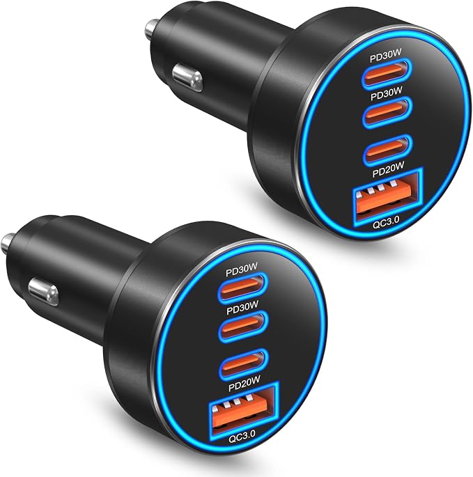 USB-C Car Charger, 2 Pack 4-Port 98W Car Charger USB C Fast Charger,3 USB-C & USB-A Car Cigarette Lighter USB Charger Fast Charging for iPhone 17/16/15/14 Series,iPad Pro,Galaxy S26/S25 Ultra,Pixel