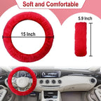 3 PCS Fluffy Steering Wheel Cover Set, 15'' Furry Car Wheel Cover, 2 Seat Belt Shoulder Pads, Anti-Slip Fur Steering Wheel Cover, Winter Warm Fluffy Car Accessories for Women, Red