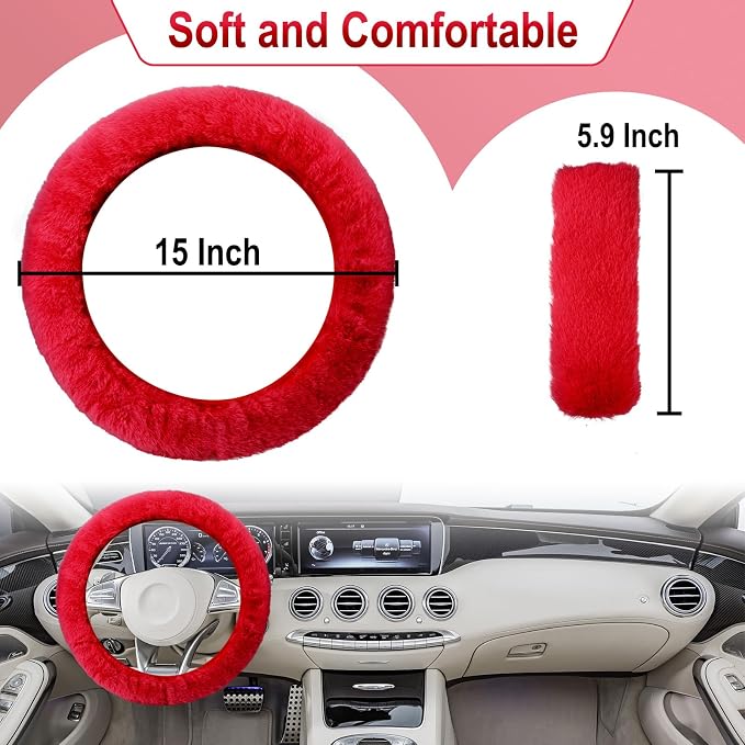 3 PCS Fluffy Steering Wheel Cover Set, 15'' Furry Car Wheel Cover, 2 Seat Belt Shoulder Pads, Anti-Slip Fur Steering Wheel Cover, Winter Warm Fluffy Car Accessories for Women, Red