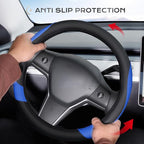 Coverado Car Steering Wheel Cover, Nappa Leather Black & Blue Steering Wheel Covers for Women, Universal 14-15 inch, Anti-Slip, Breathable Steering Wheel Protector