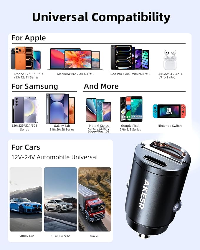65W USB C Car Charger Fast Charging，12V USB Outlet Accesorios para Carro，Cigarette Lighter USB Charger，Car Phone Charger for iPhone/17/16/15/14/13 Samsung S25 S24 S23Google Android