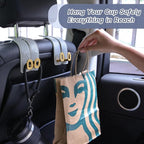 Car Headrest Hooks Universal Car Purse Hook Premium Leather and Alloy Twin Hook Car Seat Back Storage Hanger Hook for Purse Bags Cloth Drink Durable Holder Car Accessories (BH09-Grey-Gold)