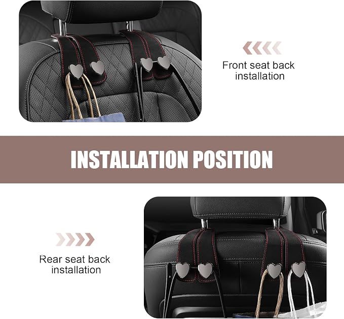 2 PCS Car Seat Headrest Hook, Car Hooks for Headrest, Storage Double Heart Shape Hooks, Suede Foldable Soft Hook Organizer, Universal for Cars (Black)