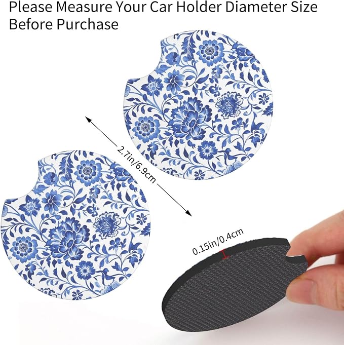 Blue Flower Steering Wheel Cover - 15 Inch Blue Floral Steering Wheel Cover Anti-Slip Breathable Universal 2 Pcs Car Interior Cup Holder Pad for Men Women
