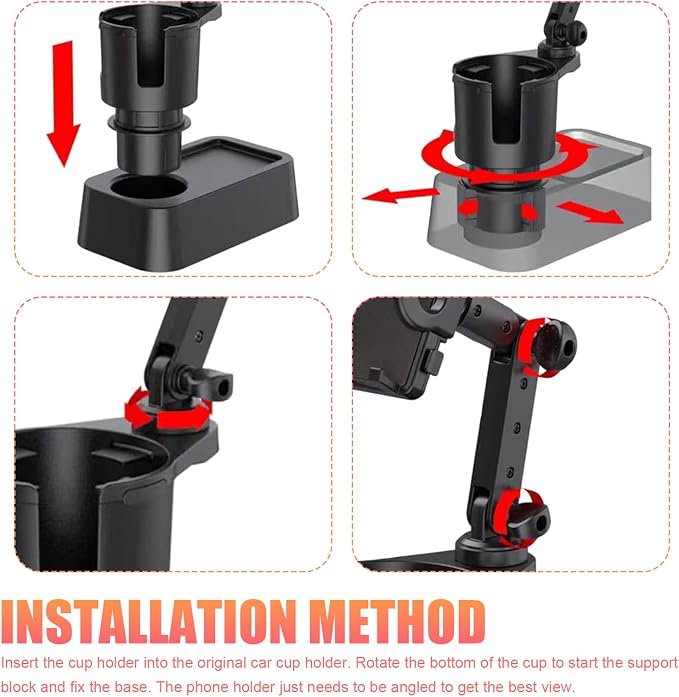 Car Cup Holder Mobile Phone Rack, Multi-Function 2 in 1 Cup Holder Expander, 360 Degrees Rotatable Automotive Phones Mount, Universal for Most Cars, Trucks, SUVs (Black)