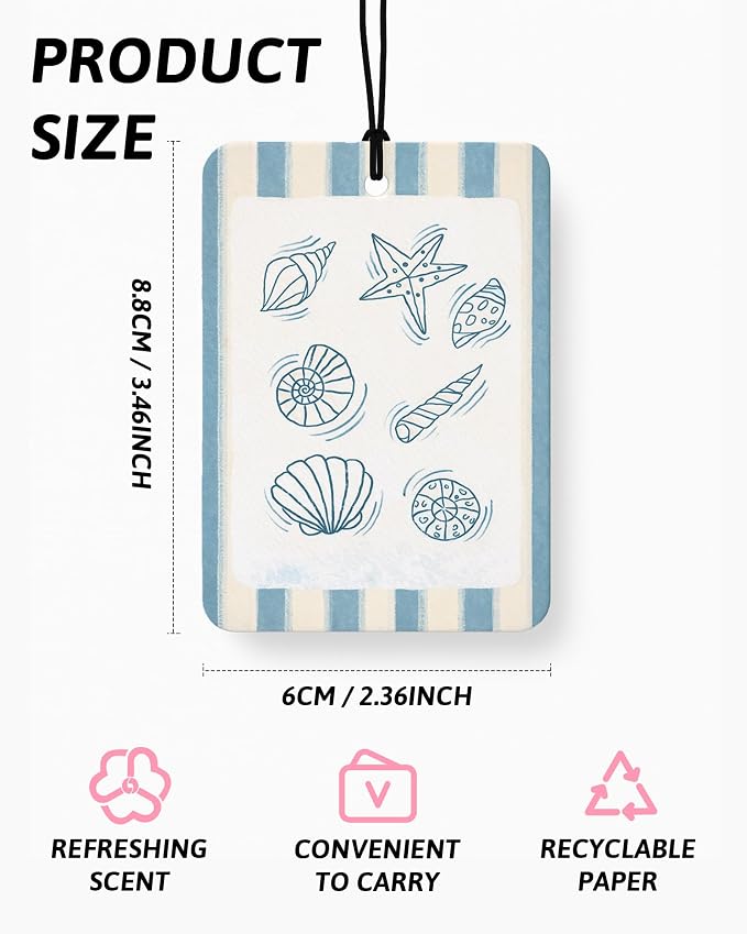Blue Beach Car Air Freshener 4 Pcs Coconut Scented, Coastal Ocean Animal Bikini Car Accessories Mirror Decor for Women, Girly Beachy Hanging Air Freshener for Cars Closet Drawer Books