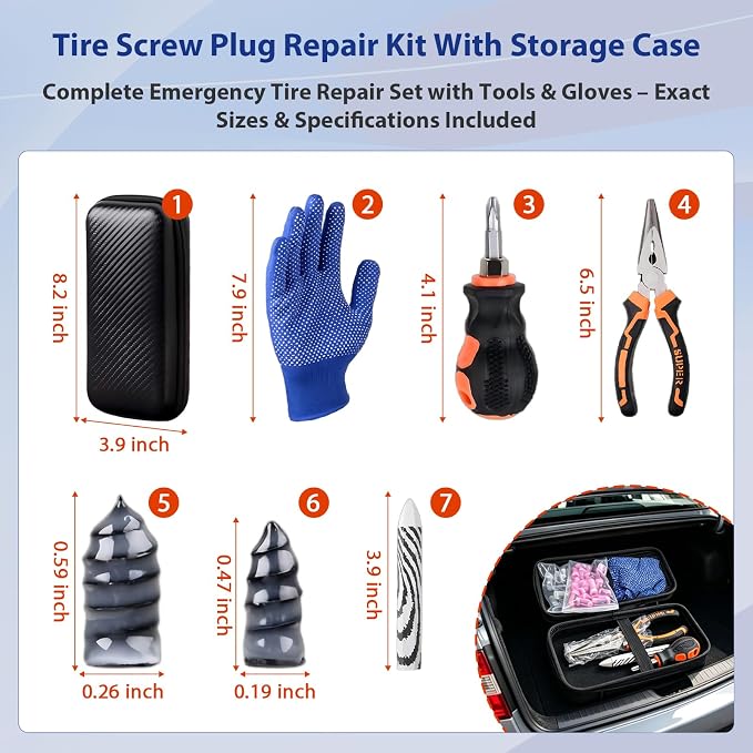 Tire Screw Plug Repair Kit, No Tire Removal Required, Sidewall Repair Tool Set with Portable Storage Box, Quick Flat Tire Fix for Cars, Trucks, Motorcycles, SUVs