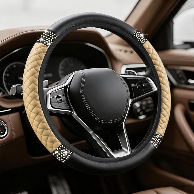 Bling Soft Leather Steering Wheel Cover, Steering Wheel Protector, 15 Inch Rhinestones Car Elastic Protector with Crystal Diamond for Women Girls, Car Accessory for Vehicles (Beige)