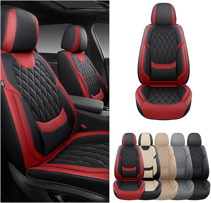Front Seat Covers for Cars - Ultra Breathable Waterproof Faux Leather Car Seat Cover Protectors with Lumbar Support, Universal Fit for Most 5 Seats Vehicles Sedans Hatchbacks Pickup, Black Red