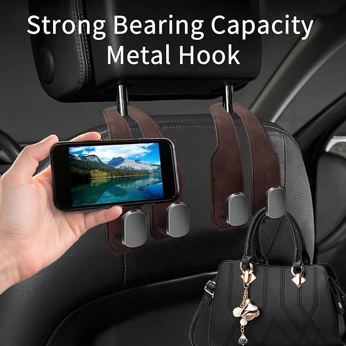 Car Seat Headrest Hooks for Purses and Bags, 4 Pack Bag Purse Holder for Car with Double Metal Hooks, Car Purse Hanger, Headrest Back Seat Handbags Hook Cute Hanging Accessories, Brown