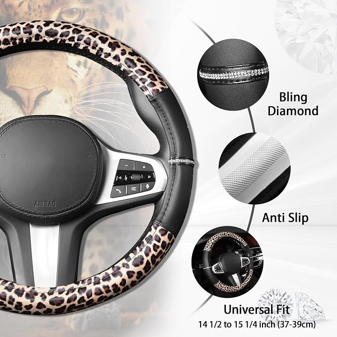 Leopard Steering Wheel Cover - Bling Crystal Rhinestones Cheetah Print on Leather Non-Slip Breathable Design for Women/Girls Universal Fit 14.5-15 Inch(Black & Yellow)