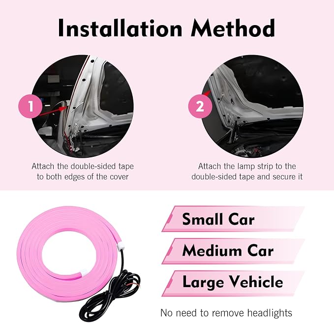 1PC Car Hood LED Strip Light, 59In Waterproof Pink Flexible LED Light Strip with Adhesive Tape, Exterior and Interior Decoration, Universal for Most Cars, Trucks, SUVs (Pink)