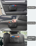 Reusable Adhesive Small Car Seat Side Pocket Organizer, No Residue Removable PU Leather Car Storage bag, Universal Vehicle Door & Console Pouch for Phone Keys Wallet etc, Black