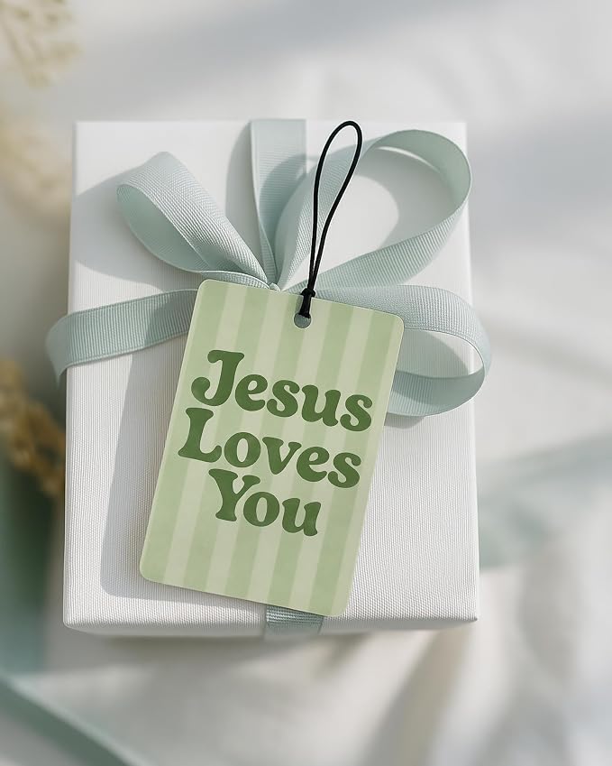Green Boho Christian Car Air Freshener 4 Pcs Coconut Scented, Jesus Loves You Car Accessories Mirror Decor, Inspirational Religious Hanging Air Freshener for Cars Closet Drawer Book Kids Room