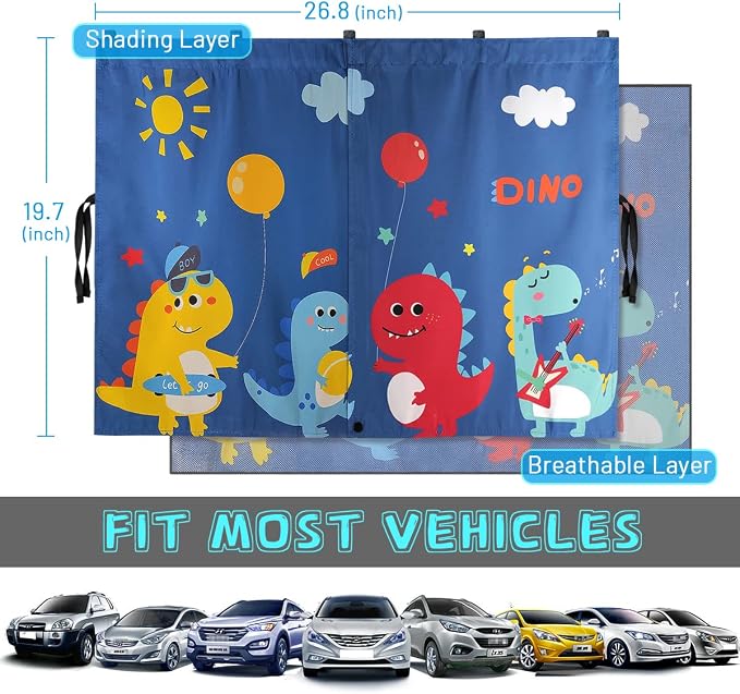 Car Window Shades, 2 PCS Magnetic Double Layer Sun Shade, Side Windows Privacy, Full Covers/Half Shade Options, Cute Dinosaurs, Compatible with Car, SUV, Minivan