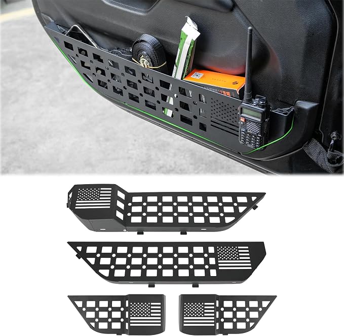 Metal Front & Rear Door Storage Box Pockets Door Side Insert Organizer with Cup Holder Compatible with 2018-2024 2025 Jeep Wrangler JL JLU & 2020-2024 2025 Gladiator JT Interior Accessories, 4pcs