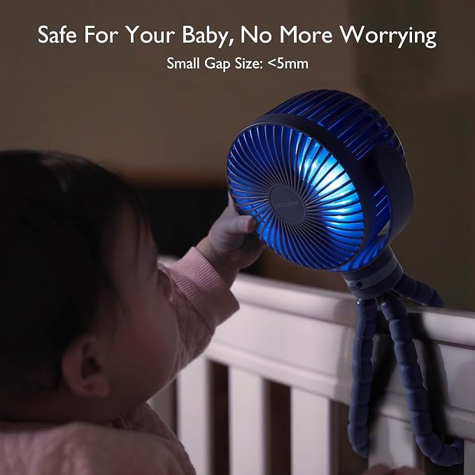 8000mAh Portable Stroller Fan, 27H Ultra-long Battery Life Detachable 4 Speed 360°Rotate LED Night Light with 2 Modes, USB Rechargeable Handheld Cooling Fan for Travel/Car Seat/Bedroom