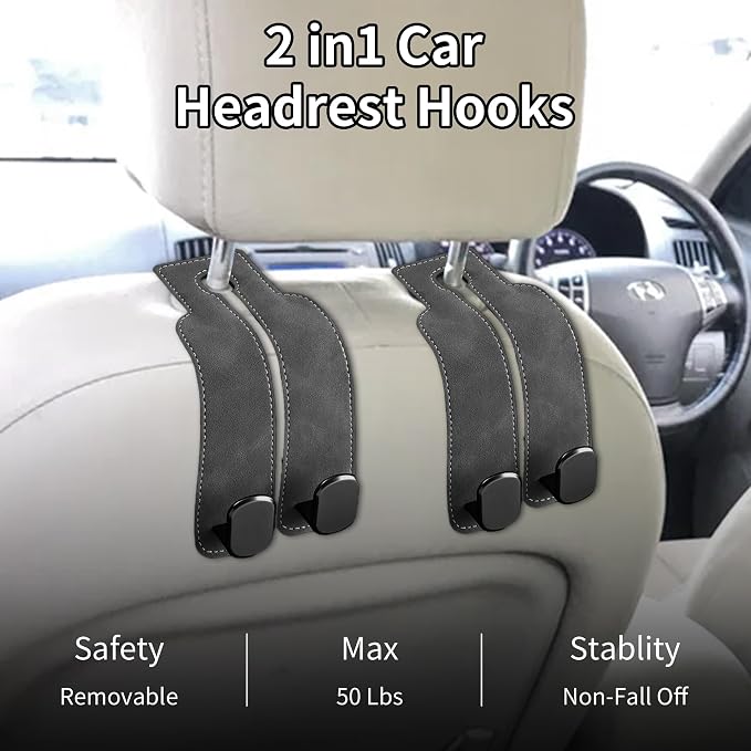 Suede Leather Headrest Hooks for Car, 2 Pack Double Seat Back Organizer Hooks for Purses & Bags, Heavy Duty Metal Car Purse Holder for Handbags, Grocery Bags, Universal Vehicle Storage Accessories