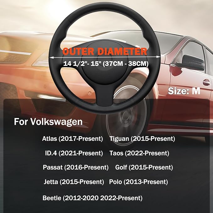 D-Shaped Car Steering Wheel Cover for Volkswagen VW Atlas Tiguan ID.4 Taos Passat Golf Jetta Beetle Polo GTI CC Touareg SE SEL R-line S Cross Sport Accessories, 2026 Leather Black