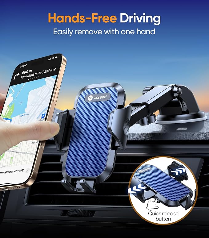 Dark Blue Phone Holders for Your Car [Upgraded True Military-Grade Strongest Suction] Cell Phone Mount for Car Dashboard Windshield Vent Truck Boat Stand Adjustable for iPhone Android