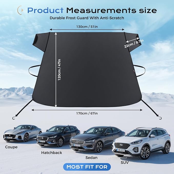 Coverado Windshield Cover for Ice and Snow, Duable 600D Oxford Fabric Waterproof Heavy Duty, Winter Windshield Frost Protector for Most Cars, SUVs, Trucks, Medium (67' x47'')