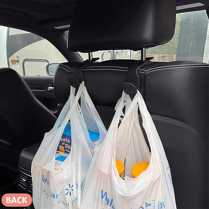 Car Headrest Hooks for Purses and Bags Vehicle Back Seat Headrest Hanger Matching Cars Interior Genuine Leather Storage Holder Hook, 4 Pack, Black