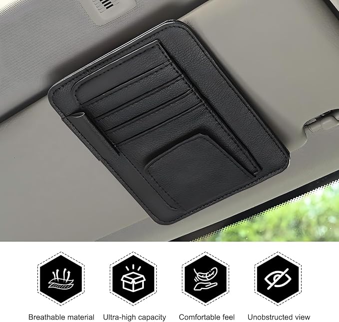 Car Sun Visor Organizer, Multi-Pocket Leather Auto Visor Storage Bag with Clip-on Design, Car Interior Organizer for Cards, License, Sunglasses and Pens, Universal for Most Cars (Black)