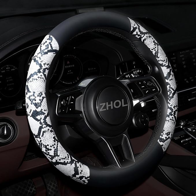 Snake Skin Steering Wheel Cover, Universal 14.5-15 inch Breathable Microfiber Leather Anti-Slip Car Steering Wheel Protector for Women Men, Black&White
