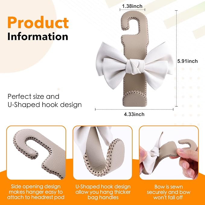 Car Purse Hook, Cute Bow Hooks for Headrest - Leather U-Shaped Purse Holder for Car, Flexible Seat Back Organizer & Durable Vehicle Accessories for Bags, Coats & More (Beige-2 Pack)
