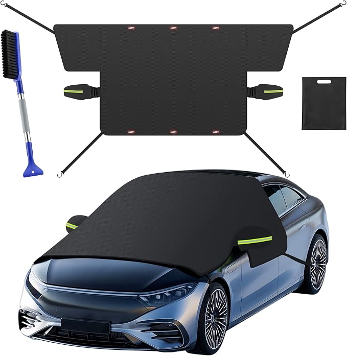 Car Windshield Snow Cover with Side Mirror Cover & 2 in 1 Brush | Thickened 4 Layers, Cold Protection, Ice Scraper, For Most Cars SUVs Trucks