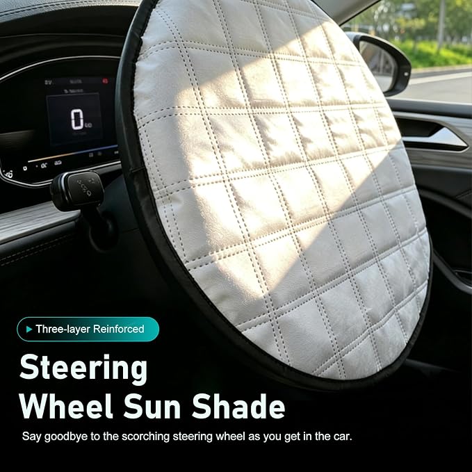 1 PC Car Steering Wheel Sun Shade, Aluminum Foil Anti-Scalding Steering Wheel Protector, Slip-On Thickened Driving Handle Heat Shield Cover, Universal for Most Cars SUVs Trucks (Silver)