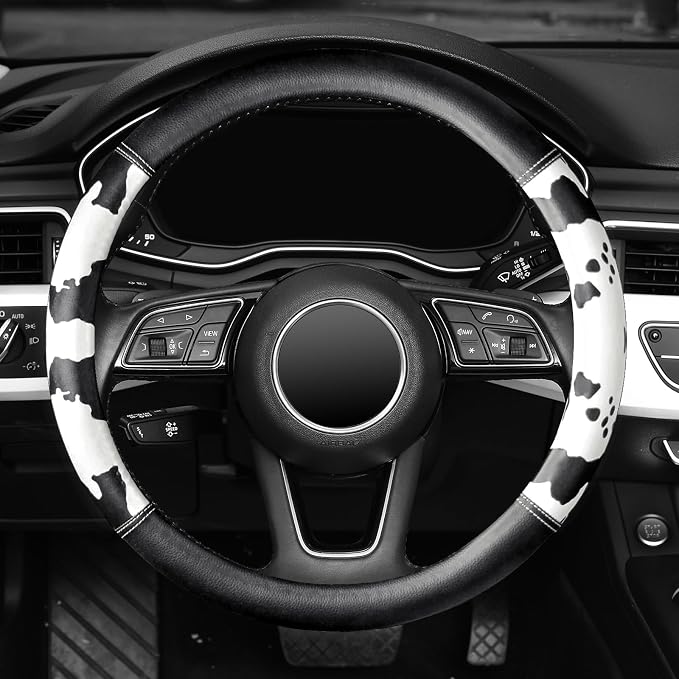 Cow Print Steering Wheel Cover, Universal 14.5-15 inch Breathable Microfiber Leather Anti-Slip Car Steering Wheel Protector for Women Men, Black&White
