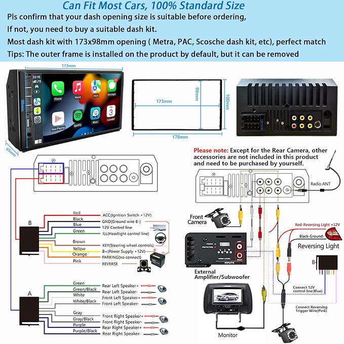 Double Din Car Stereo with Dash Cam | 7INCH Touchscreen Car Radio Receivers Support with Apple Carplay & Android Auto, Bluetooth, Backup Camera, Mirror Link, Voice Control, SWC, FM/USB/TF/AUX