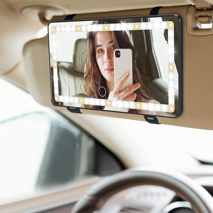 Car Sun Visor Vanity Mirror with Lights, 3 Light Modes & 60 LEDs, Rechargeable Dimmable Touch Control Travel Makeup Mirror for Truck SUV