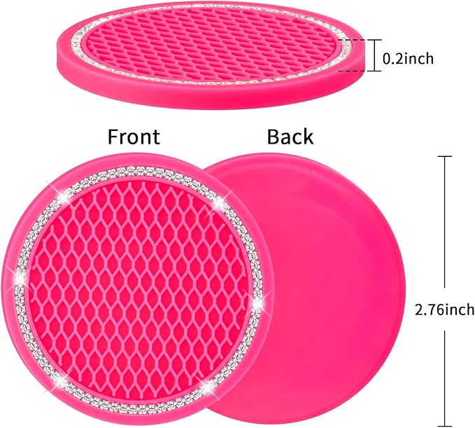 Car Coasters, 4 Pack Universal Vehicle Bling Car Coaster, Rhinestone Coaster for Cup Holders, Car Interior Accessories 2.75'' Silicone Car Coasters for Women(Hot Pink, White Crystal Circle)