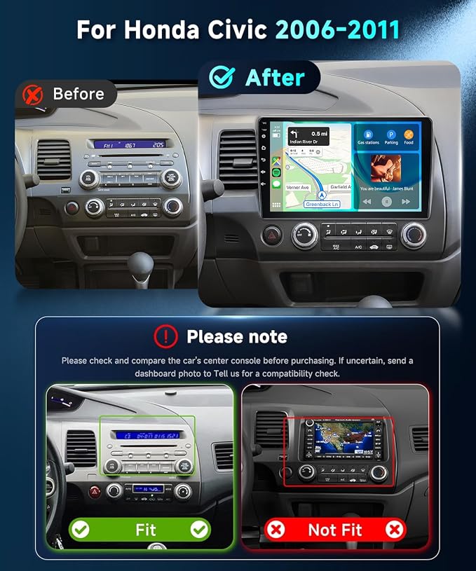 DSP Car Stereo Radio for Honda Civic 2006-2011 with Wireless Carplay Android Auto MirrorLink 10.1 inch HD Touch Screen Built-in GPS 26UIs 5.0Bluetooth Car Radio 5G WiFi AHD Backup Camera Mic
