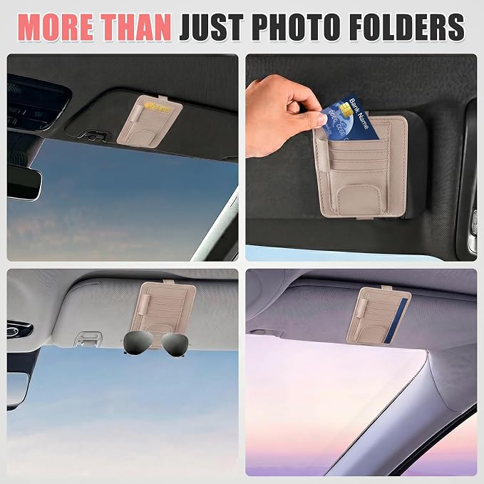 Sunglass Holder for Car Visor, Multi-Pocket Leather Car Sun Visor Organizer with Ticket Pens Card Clip, Sunglasses Holders,Suitable Eyeglasses,Car Accessories Keep Tidy (Grey)